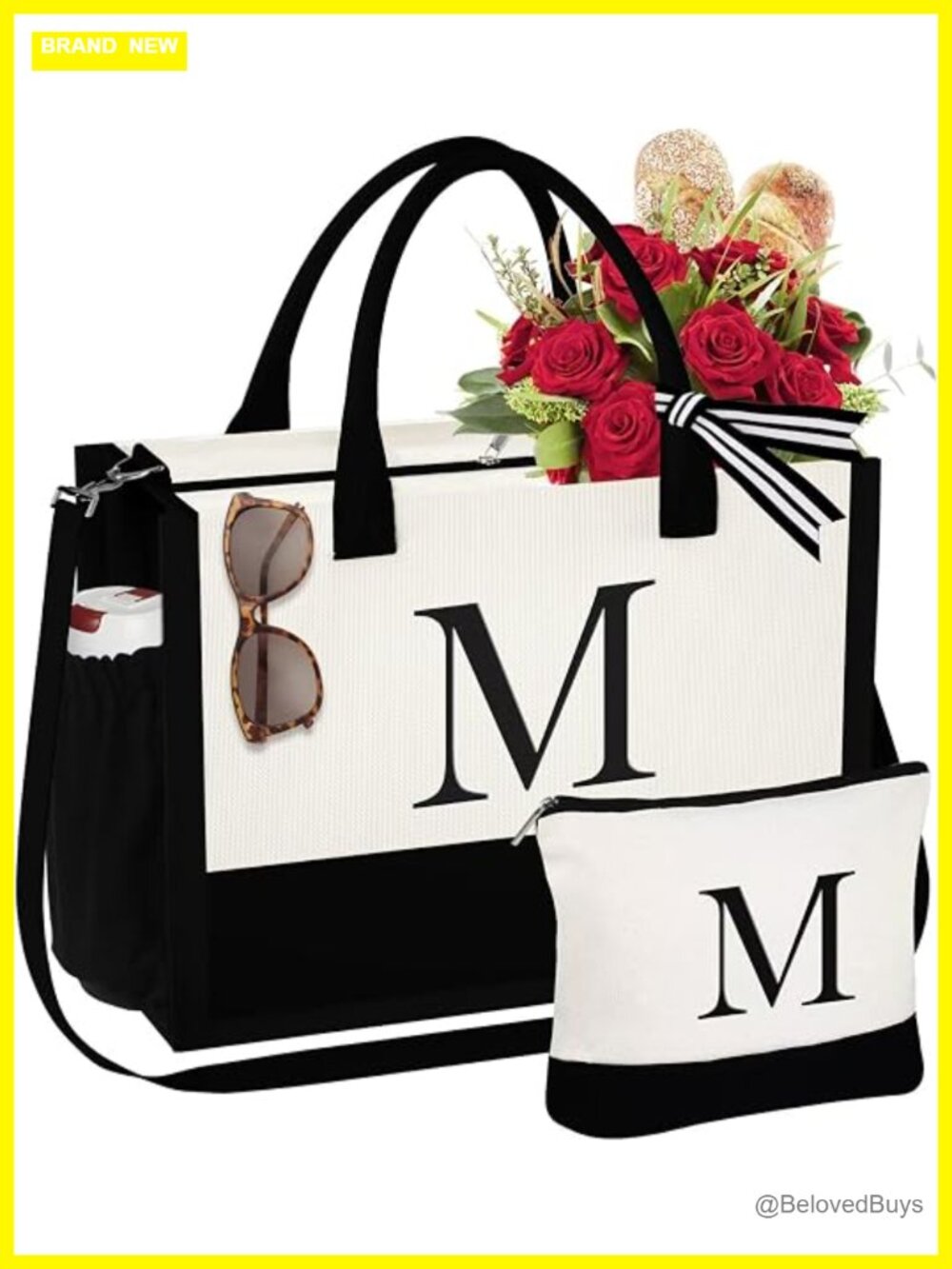 Initial Canvas Tote Bag with Makeup Bag - Monogrammed Tote for Beach or Travel